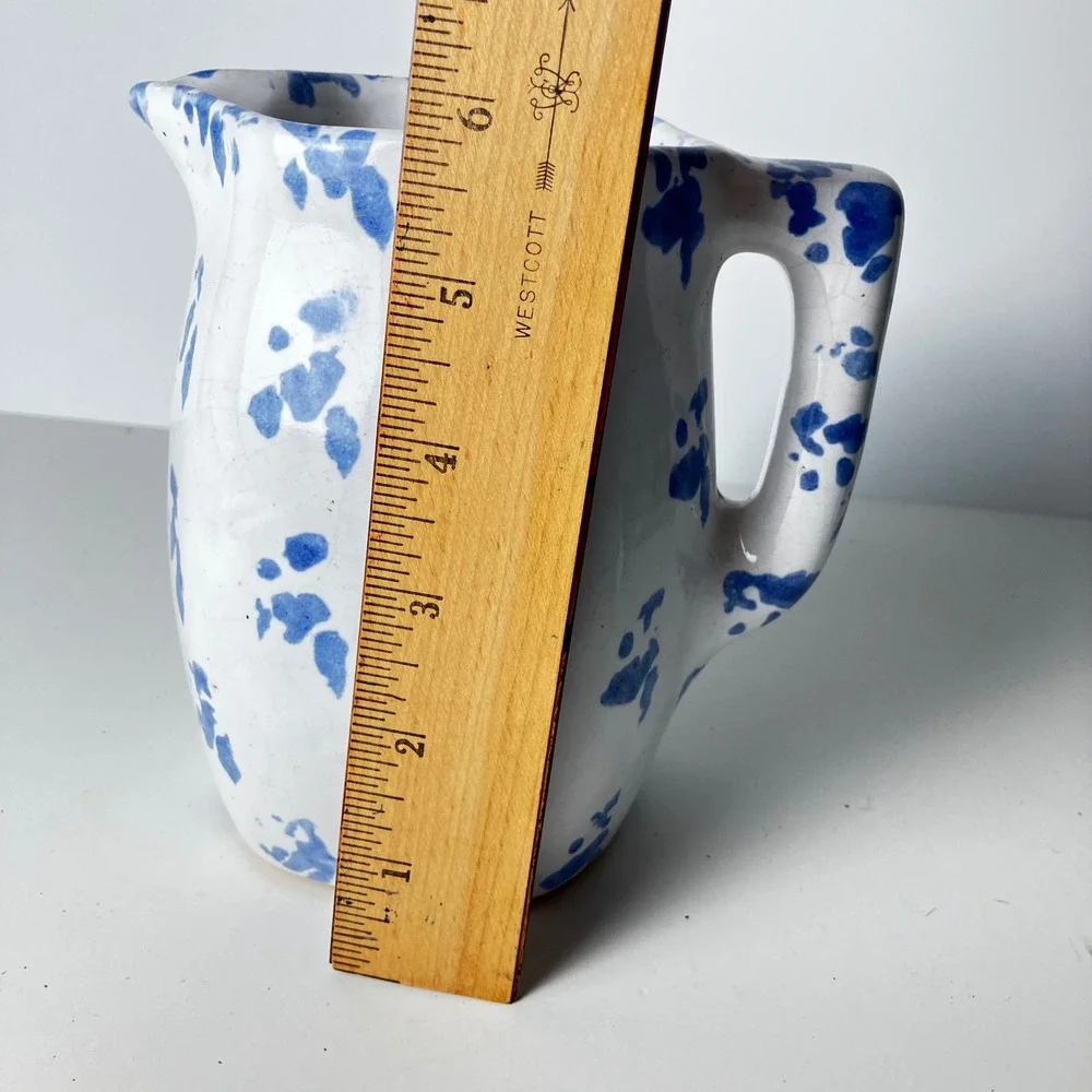 Bybee Pottery Pitcher Creamer 6in White Blue Spongeware Vintage Kentucky BB